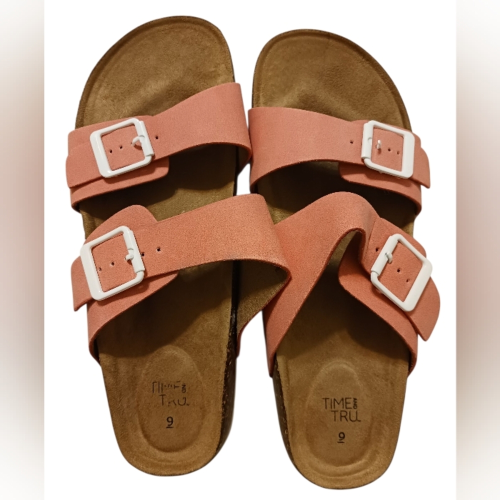 WOMEN'S TIME & TRU CORAL TWO-BAND FOOTBED SLIDES SIZE 9 - Picture 2 of 3